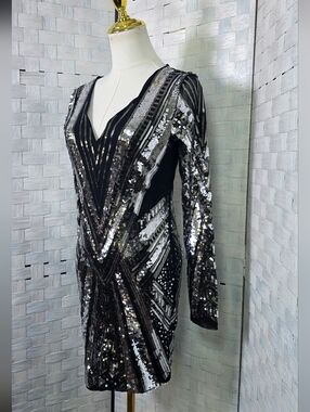 MIDNIGHT DOLL Black and Silver Sequin  Cocktail Dress